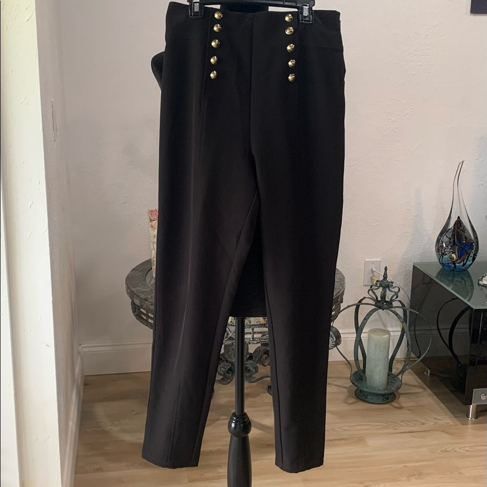 High-Waisted Black Pants with Gold Button Detail